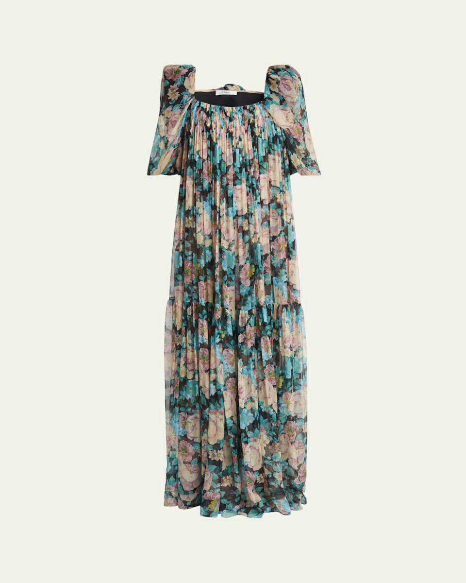 Long Floral Puff-Sleeve Silk Dress
